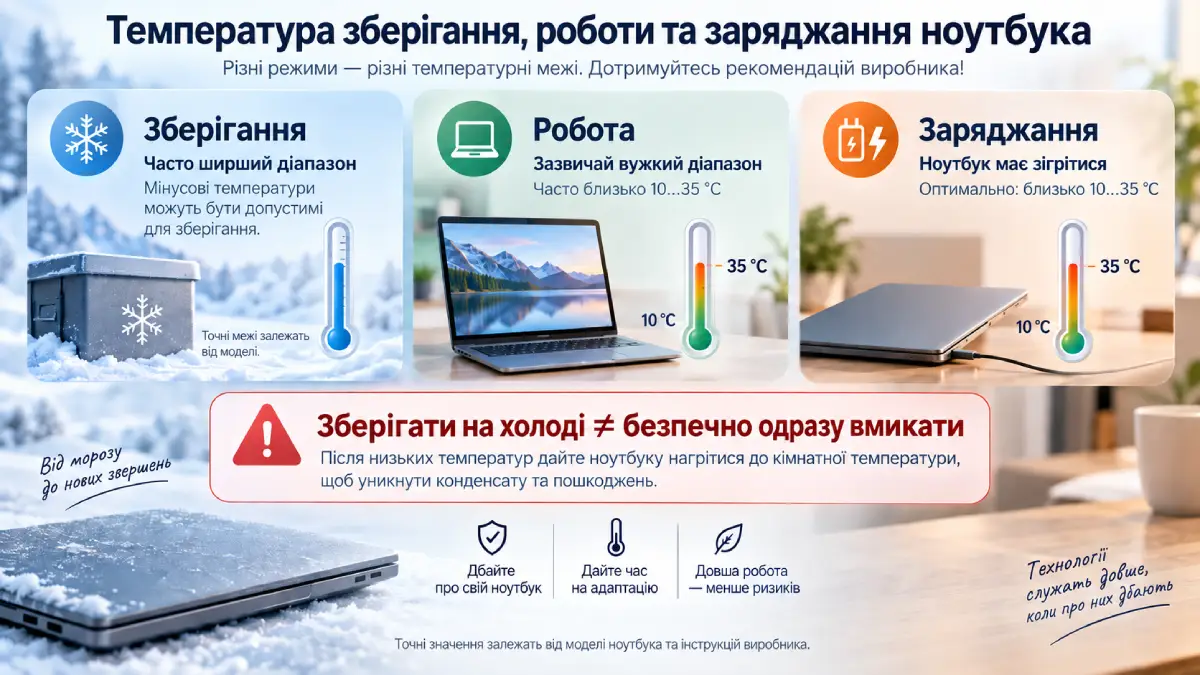 температура зберігання, роботи та заряджання ноутбука